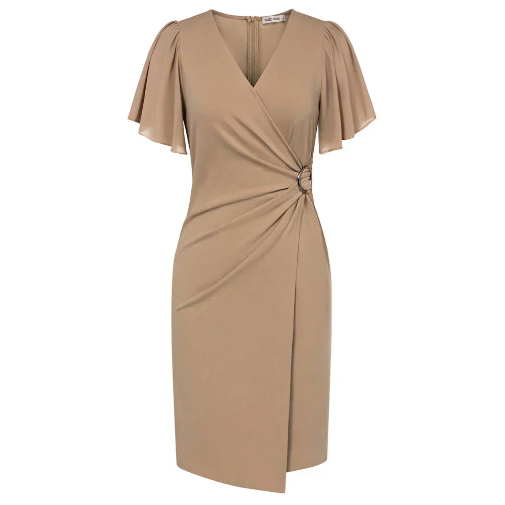 BENFIERI™ | Elegant beige omlottklänning
